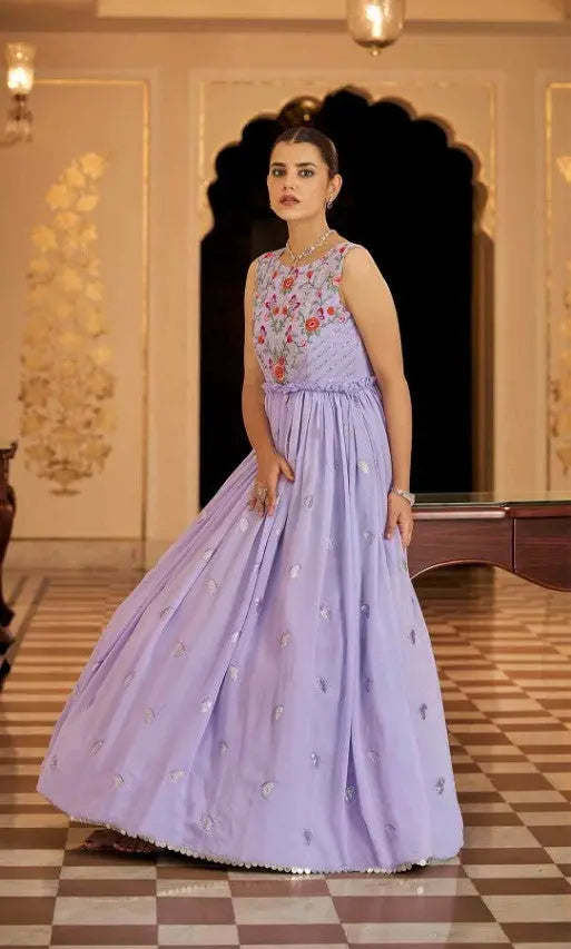 Semi-Stitched Stylish Lavender Floral Embroidered Georgette Long Gown Desi Soul