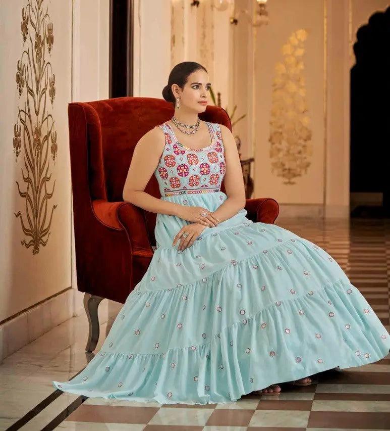 Semi-Stitched Stylish Sky Blue Floral Embroidered Georgette Long Gown Desi Soul