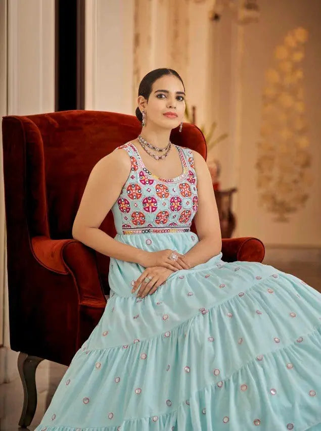 Semi-Stitched Stylish Sky Blue Floral Embroidered Georgette Long Gown Desi Soul