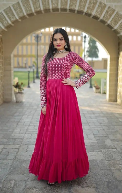 Stylish Pink Colour Sequins With Embroidered Work Faux Georgette Long Gown Desi Soul