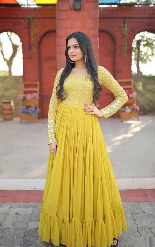 Stylish Yellow Colour Sequins With Embroidered Work Faux Georgette Long Gown Desi Soul