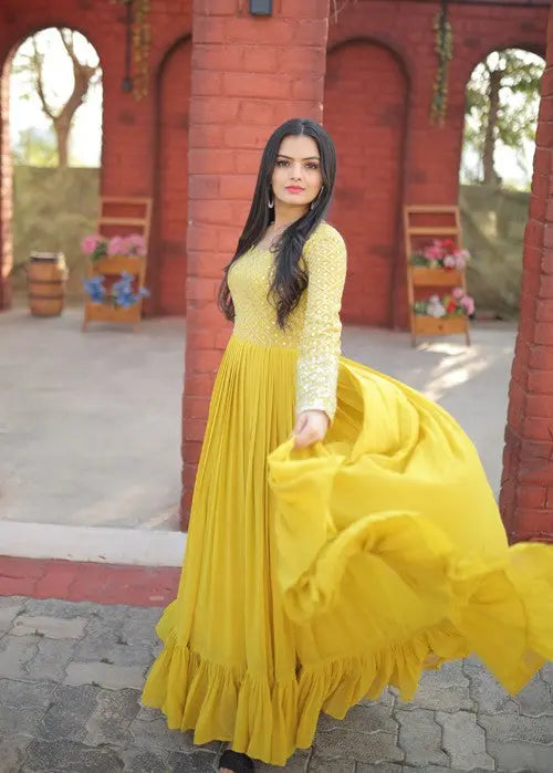 Stylish Yellow Colour Sequins With Embroidered Work Faux Georgette Long Gown Desi Soul