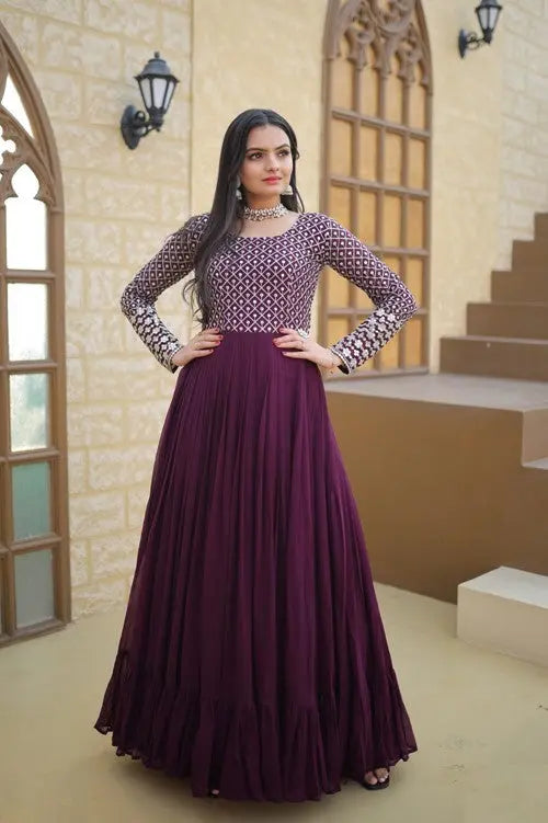 Stylish Purple Colour Sequins With Embroidered Work Faux Georgette Long Gown Desi Soul