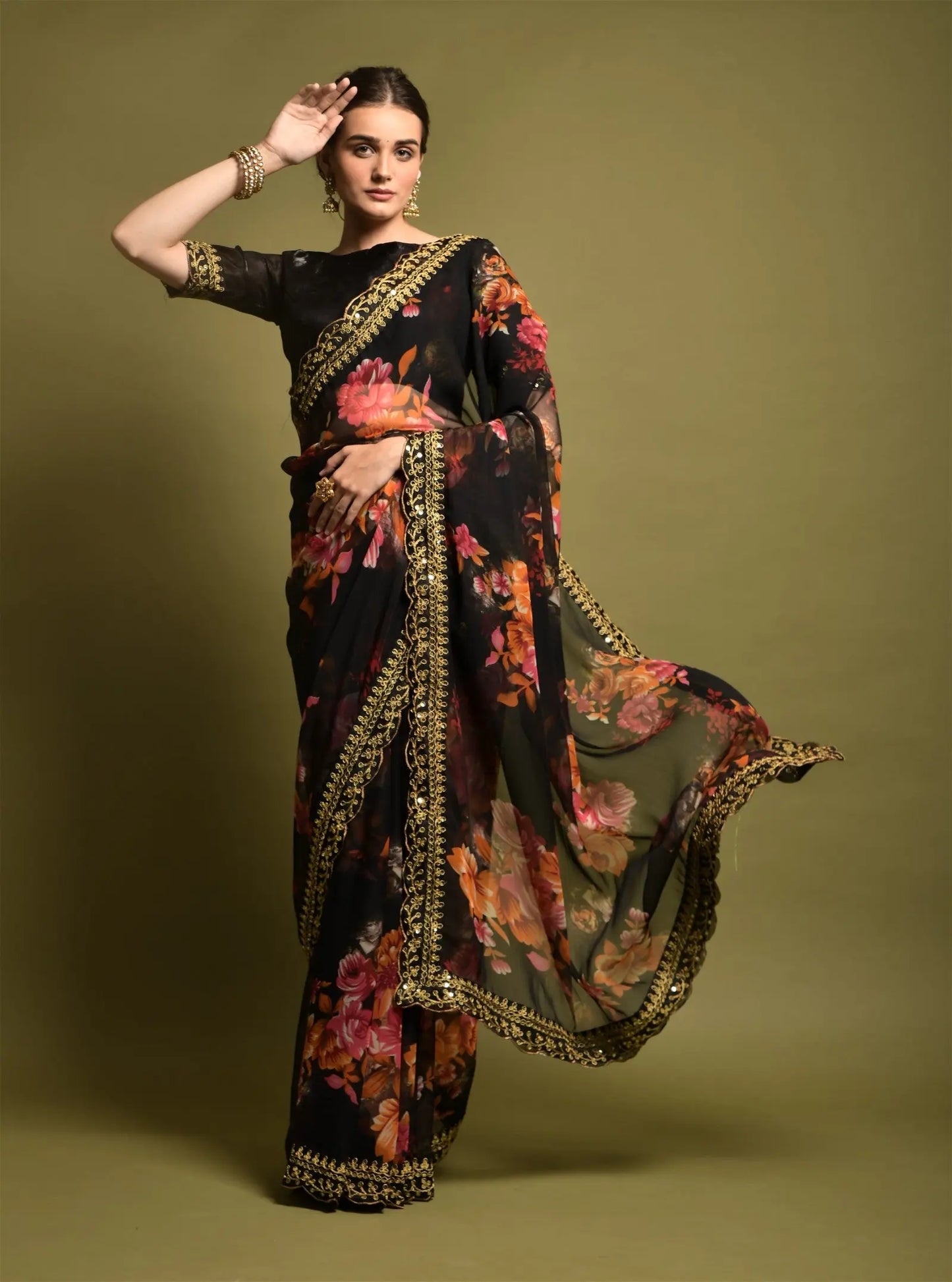 Black Georgette with Flower Print Saree Desi Soul