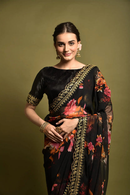 Black Georgette with Flower Print Saree Desi Soul