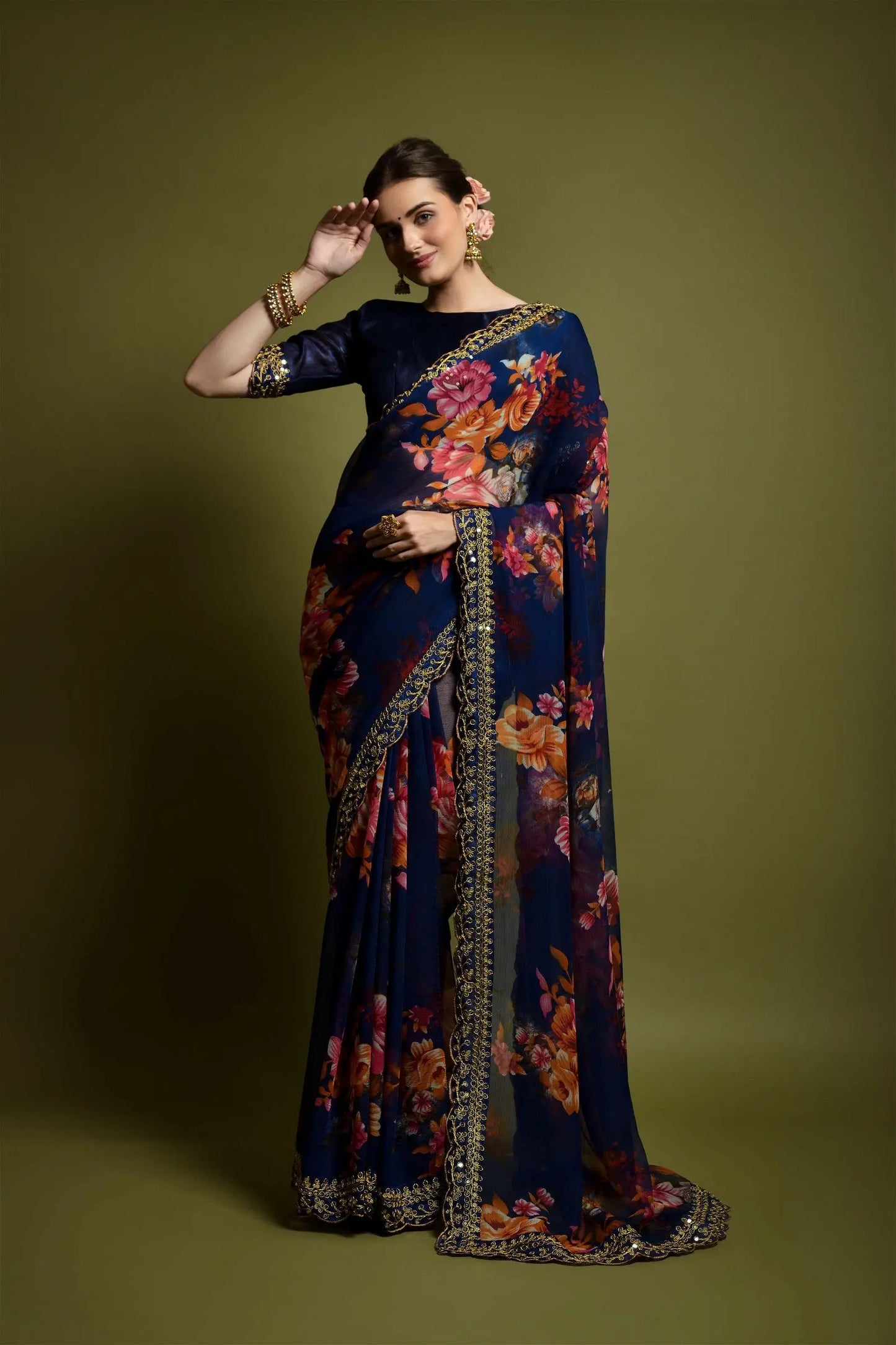 Blue Georgette with Flower Print Saree Desi Soul