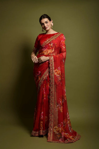 Red Georgette with Flower Print Saree Desi Soul