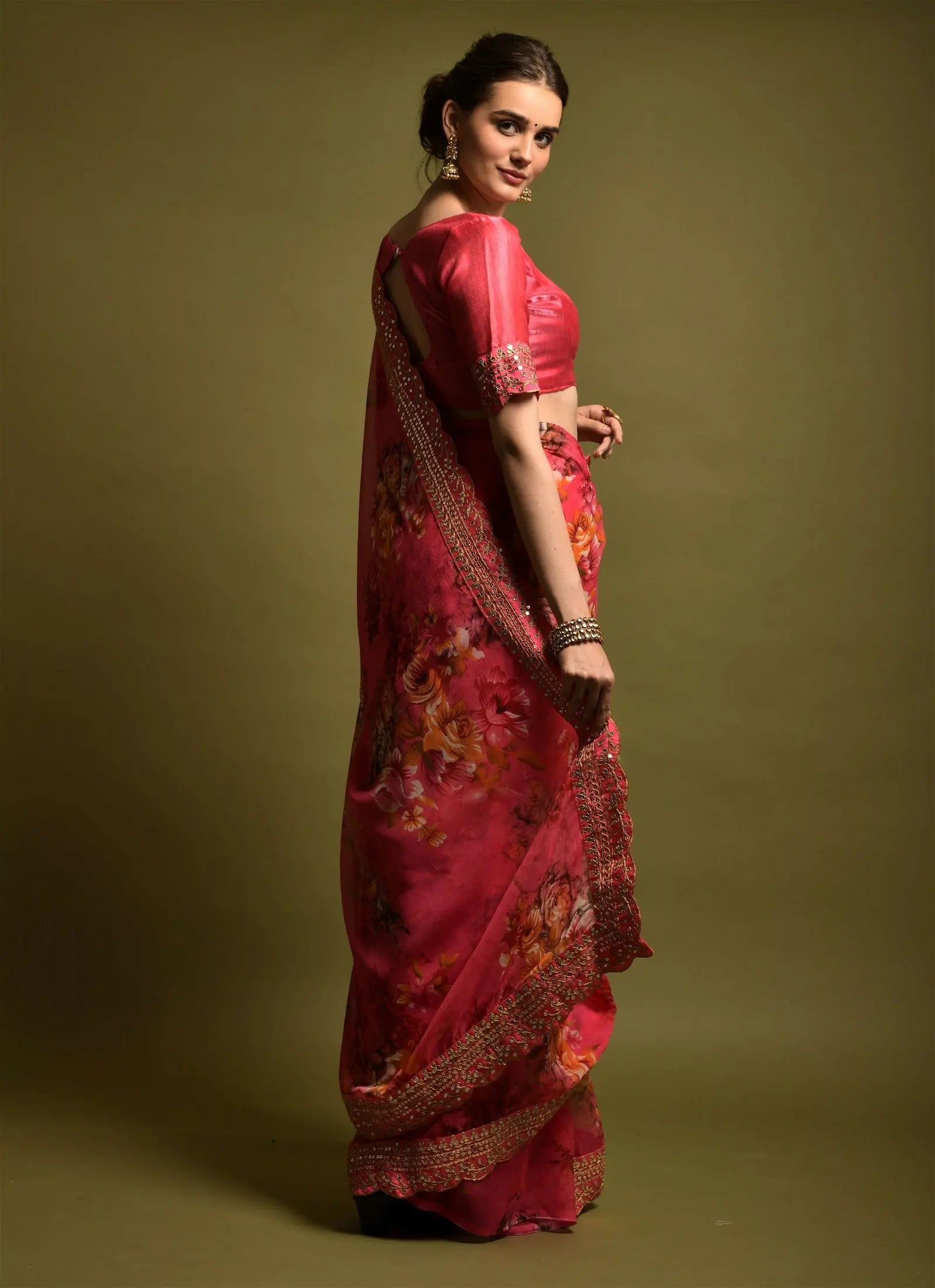 Red Georgette with Flower Print Saree Desi Soul