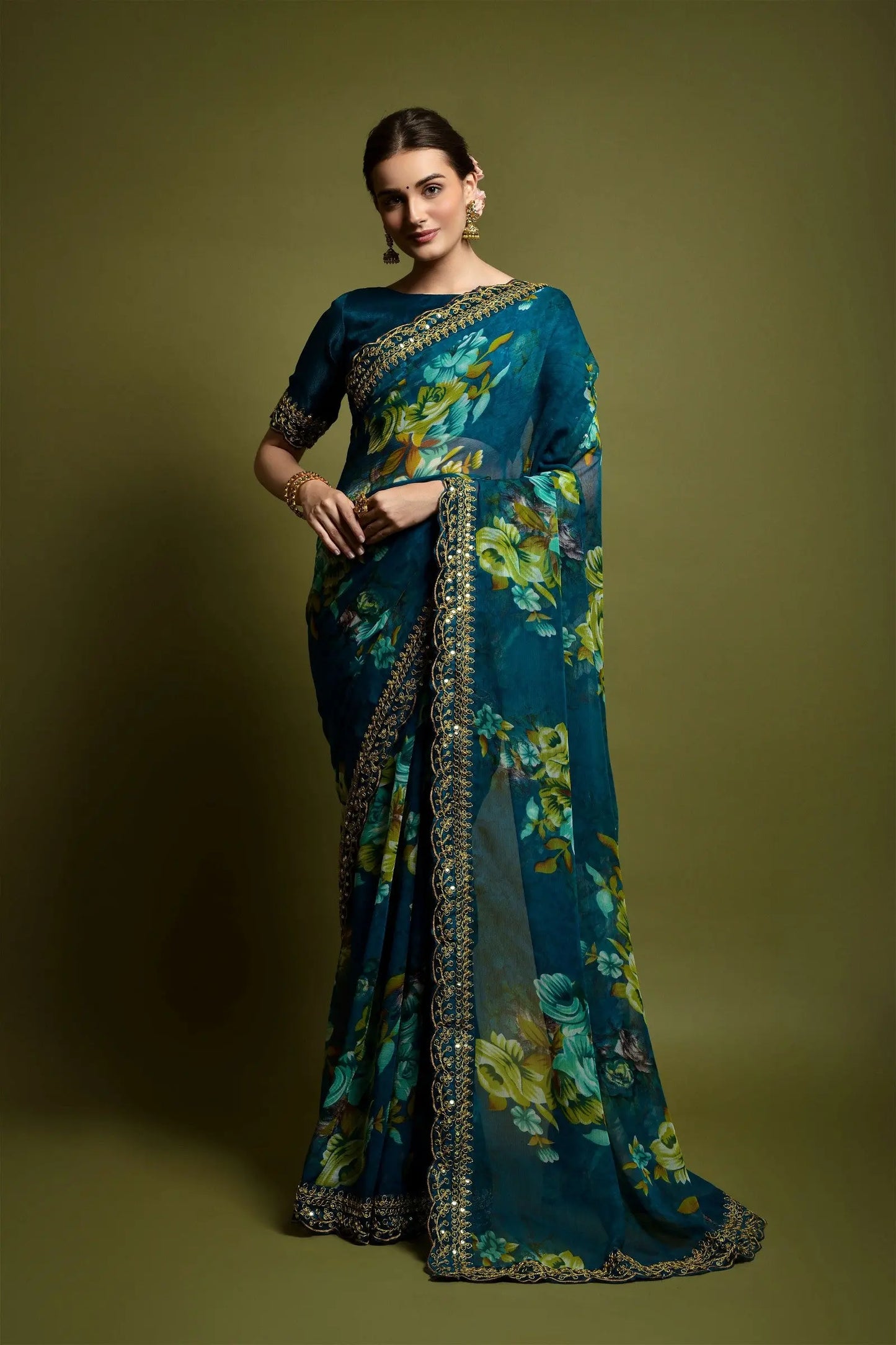 Teal Blue Georgette with Flower Print Saree Desi Soul