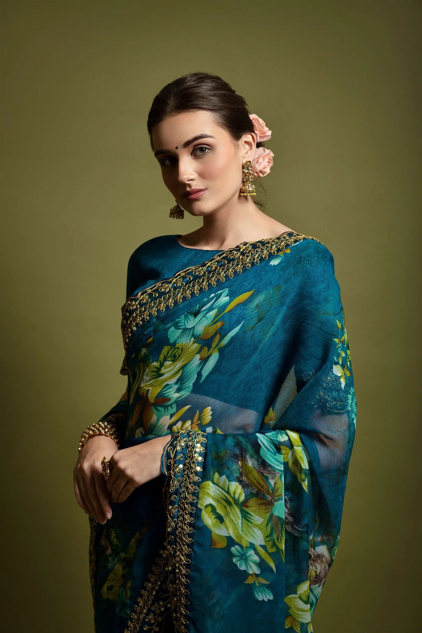 Teal Blue Georgette with Flower Print Saree Desi Soul