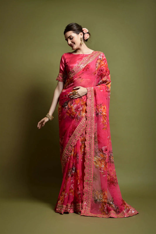 Red Georgette with Flower Print Saree Desi Soul