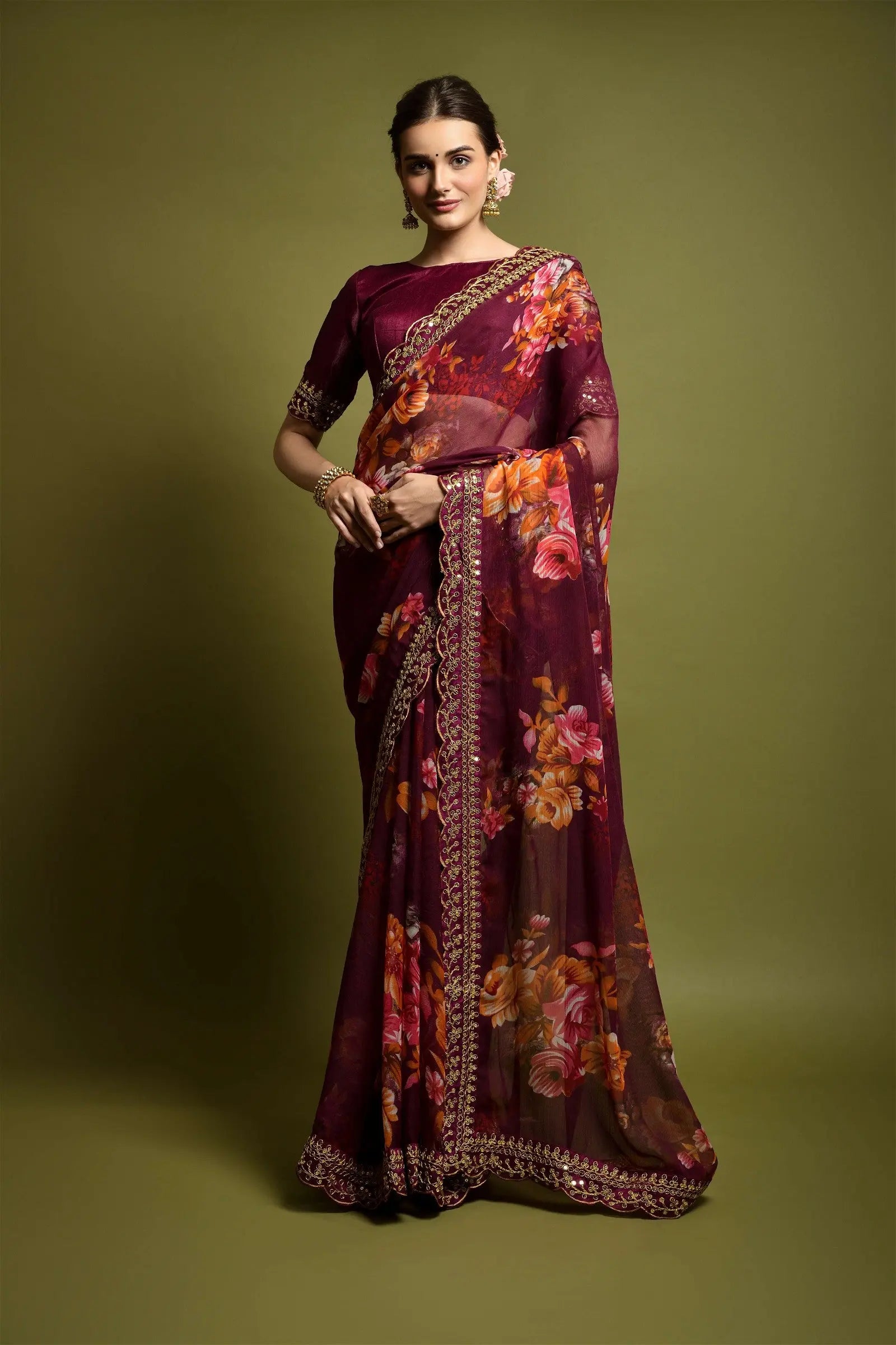 Maroon Georgette with Flower Print Saree Desi Soul