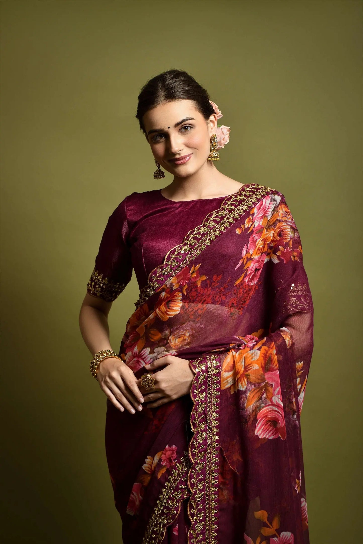 Maroon Georgette with Flower Print Saree Desi Soul