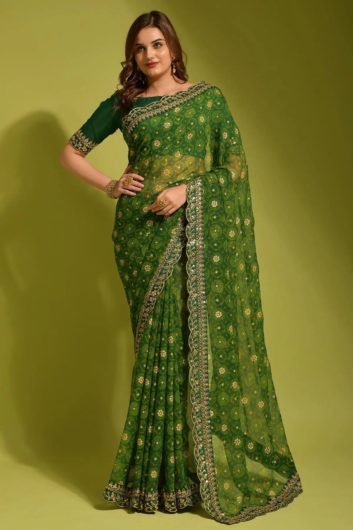 Green Georgette with Flower Foil Print Saree Desi Soul