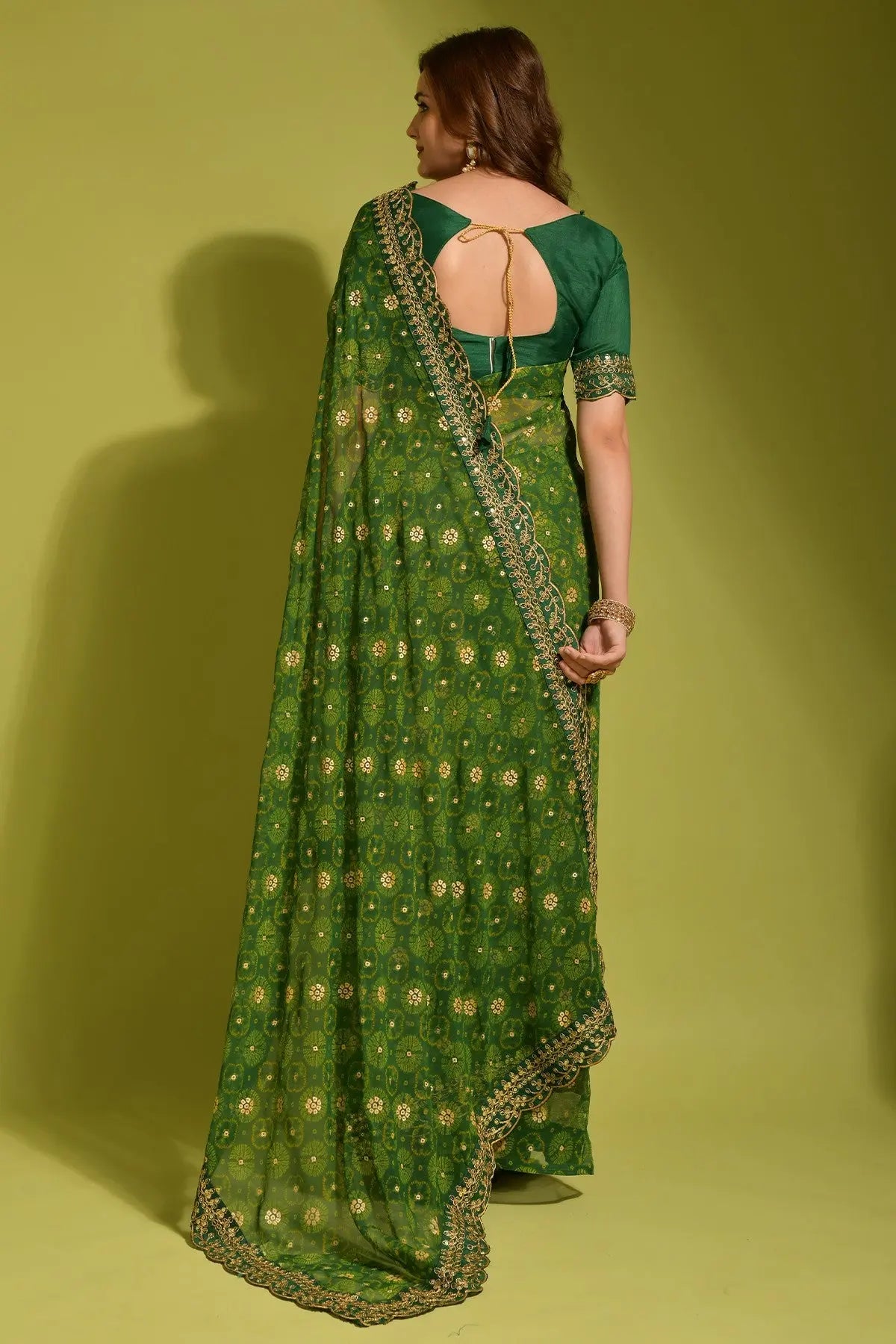 Green Georgette with Flower Foil Print Saree Desi Soul