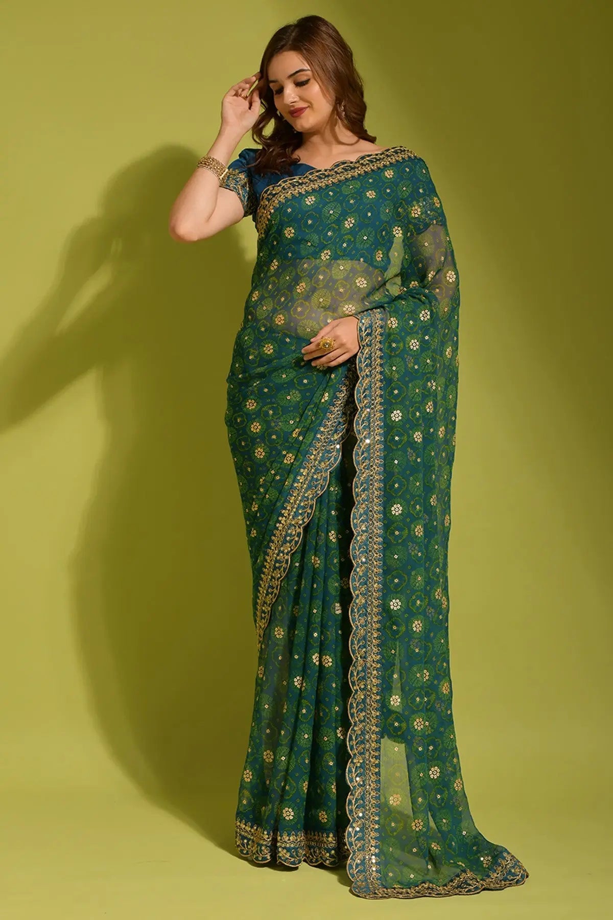 Teal Blue Georgette with Flower Foil Print Saree Desi Soul