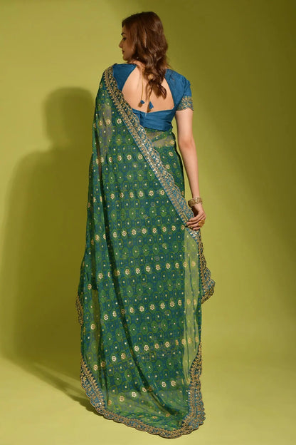 Teal Blue Georgette with Flower Foil Print Saree Desi Soul