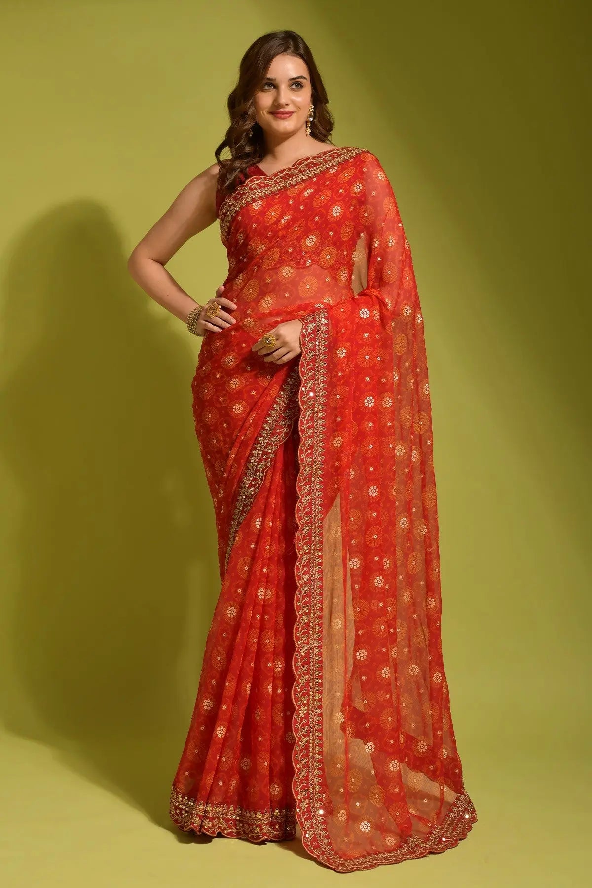 Orange Georgette with Flower Foil Print Saree Desi Soul