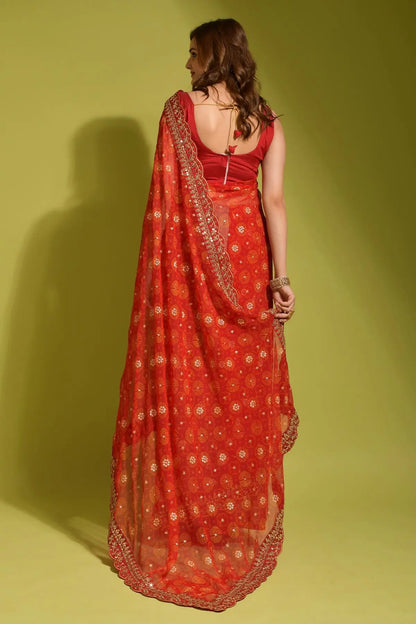 Orange Georgette with Flower Foil Print Saree Desi Soul