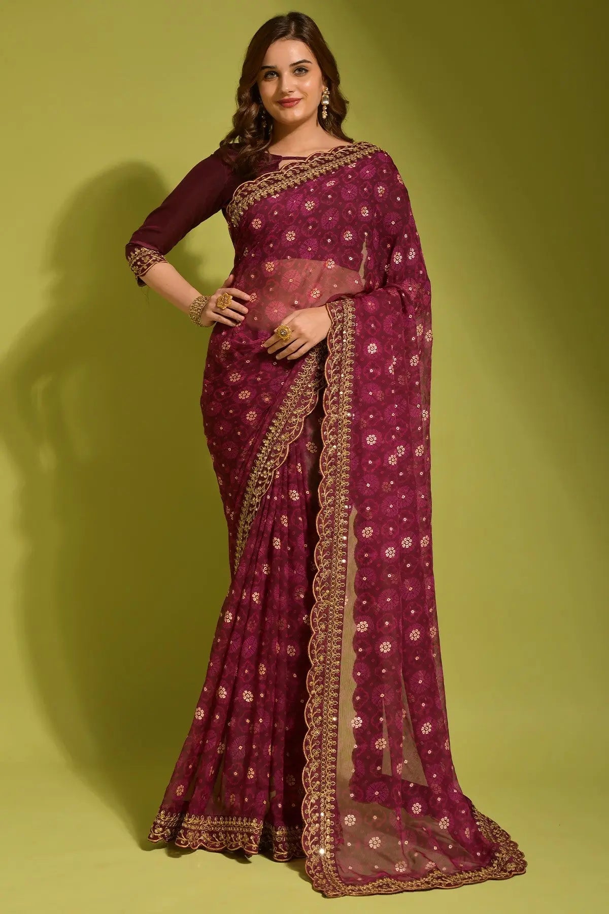 Wine Georgette with Flower Foil Print Saree Desi Soul