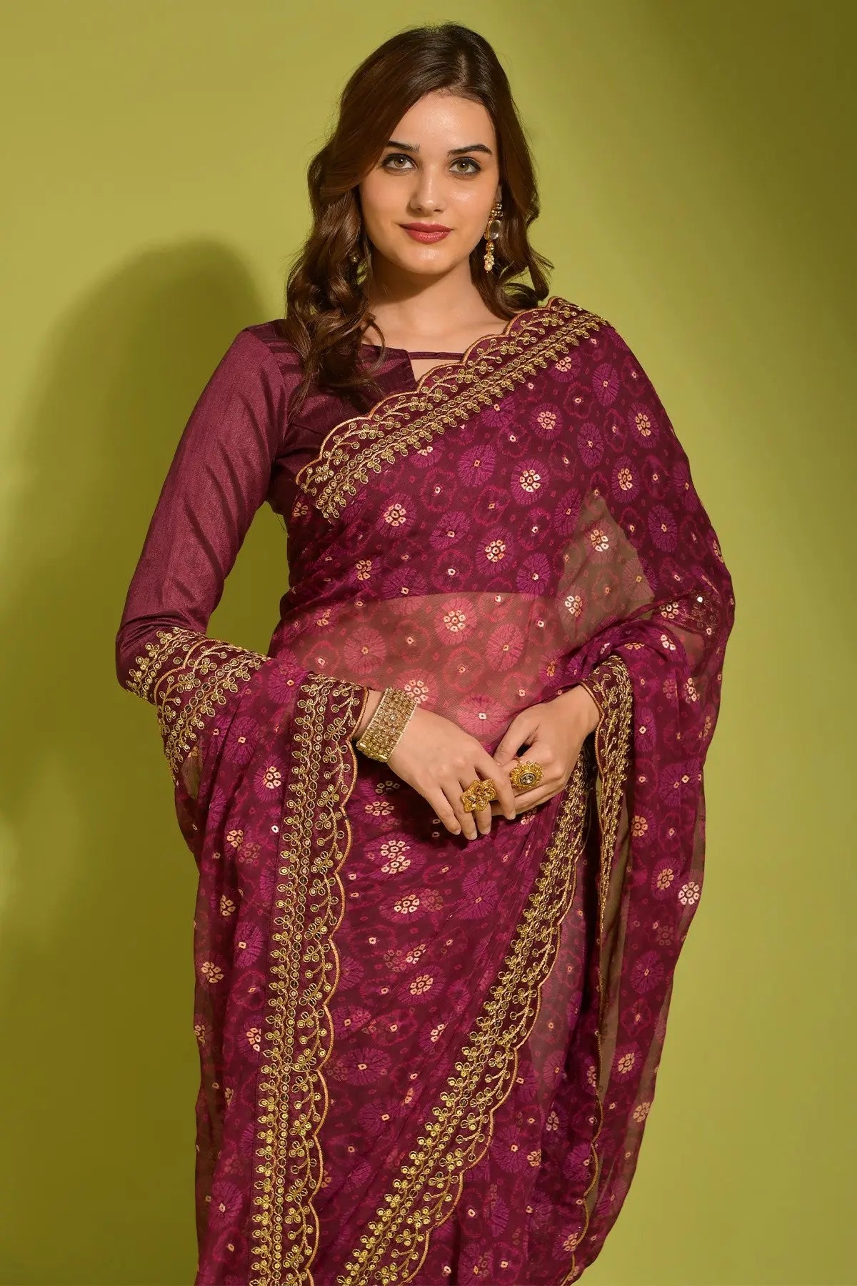 Wine Georgette with Flower Foil Print Saree Desi Soul