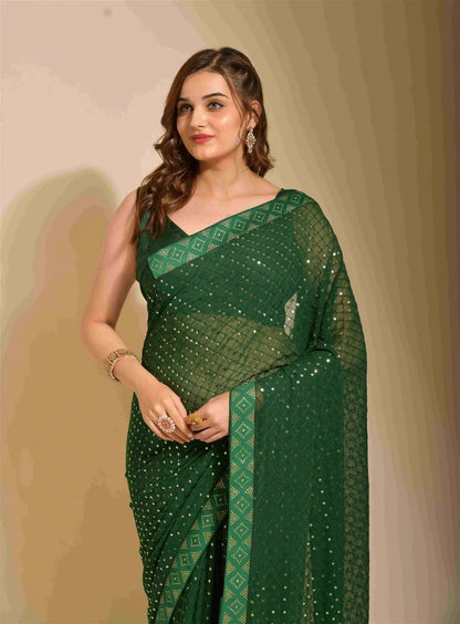 Green Georgette with Flower Foil Print Saree Desi Soul