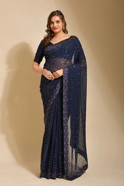 Blue Georgette with Flower Foil Print Saree Desi Soul