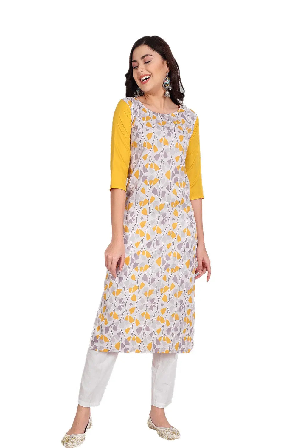 Women's Yellow Colour Printed Crepe Straight Kurti Desi Soul