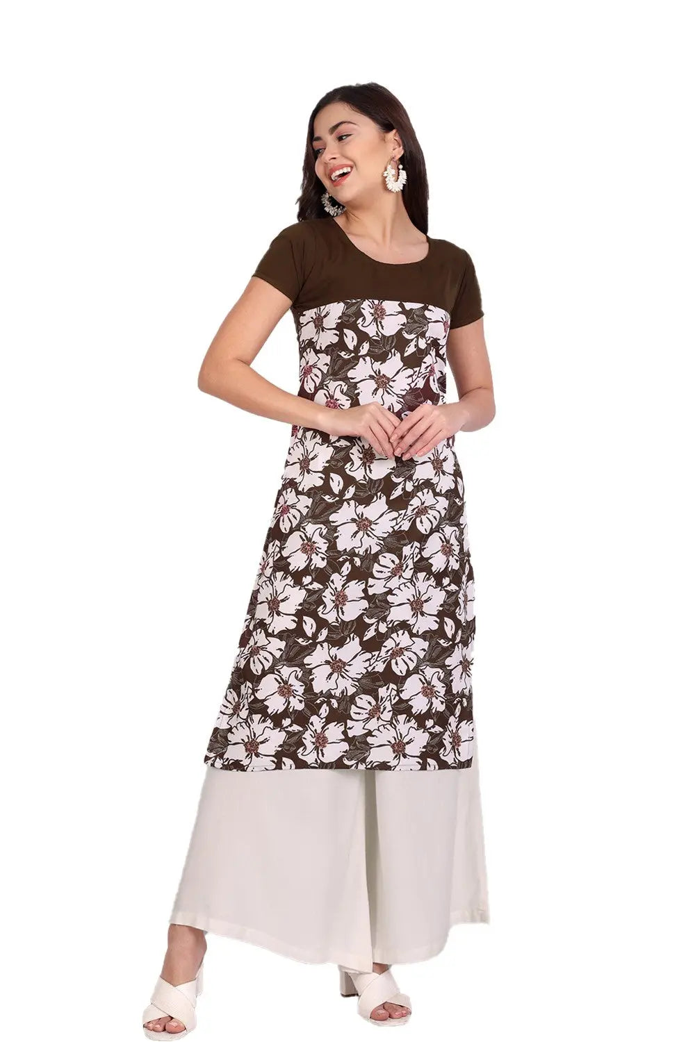 Women's Coffee Colour Printed Crepe Straight Kurti Desi Soul