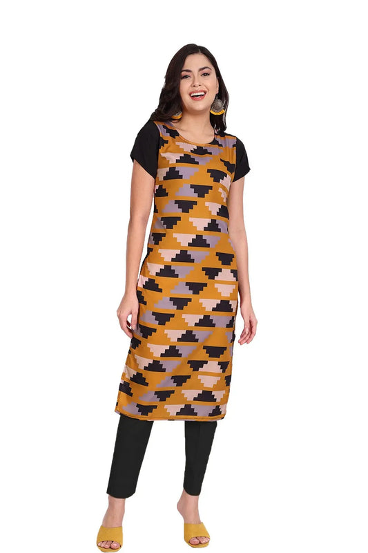 Women's Mustard Colour Printed Crepe Straight Kurti Desi Soul