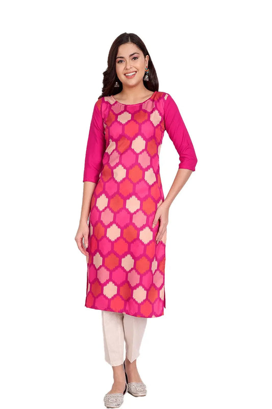 Women's Pink Colour Printed Crepe Straight Kurti Desi Soul