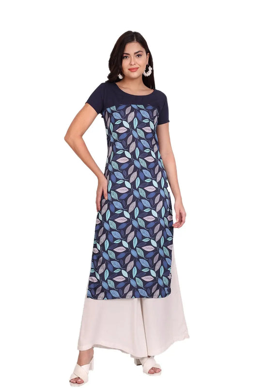 Women's Blue Colour Printed Crepe Straight Kurti Desi Soul