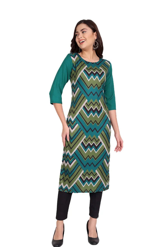 Women's Green Colour Printed Crepe Straight Kurti Desi Soul