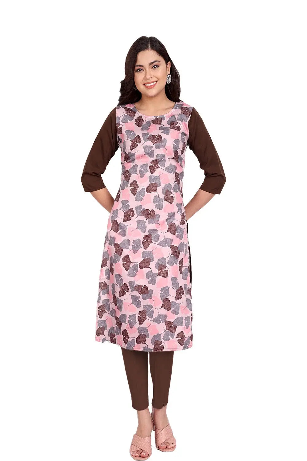 Women's Coffee Colour Printed Crepe Straight Kurti Desi Soul