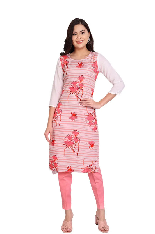 Women's Baby Pink Colour Printed Crepe Straight Kurti Desi Soul