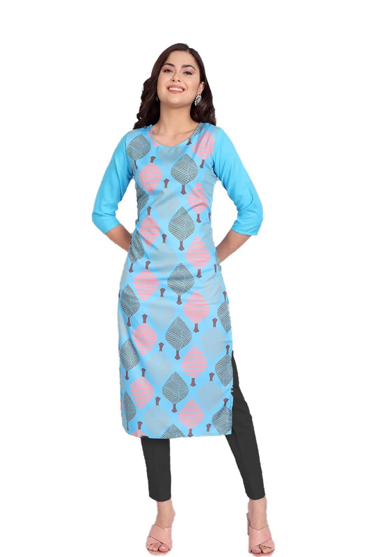 Women's Sky Blue Colour Printed Crepe Straight Kurti Desi Soul