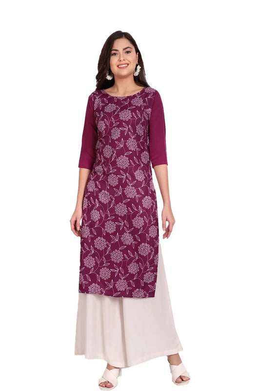 Women's Wine Colour Printed Crepe Straight Kurti Desi Soul