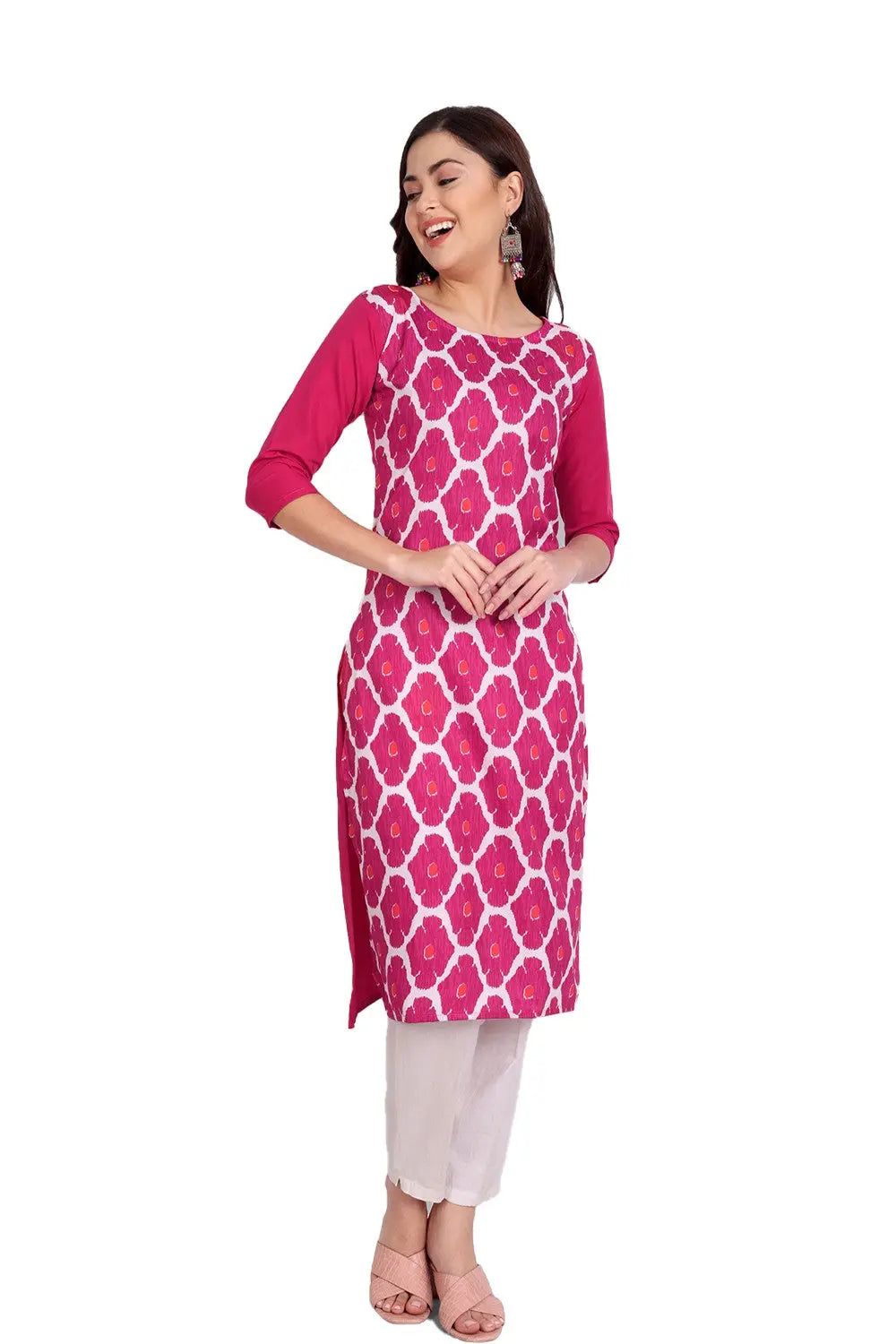 Women's Pink Colour Printed Crepe Straight Kurti Desi Soul