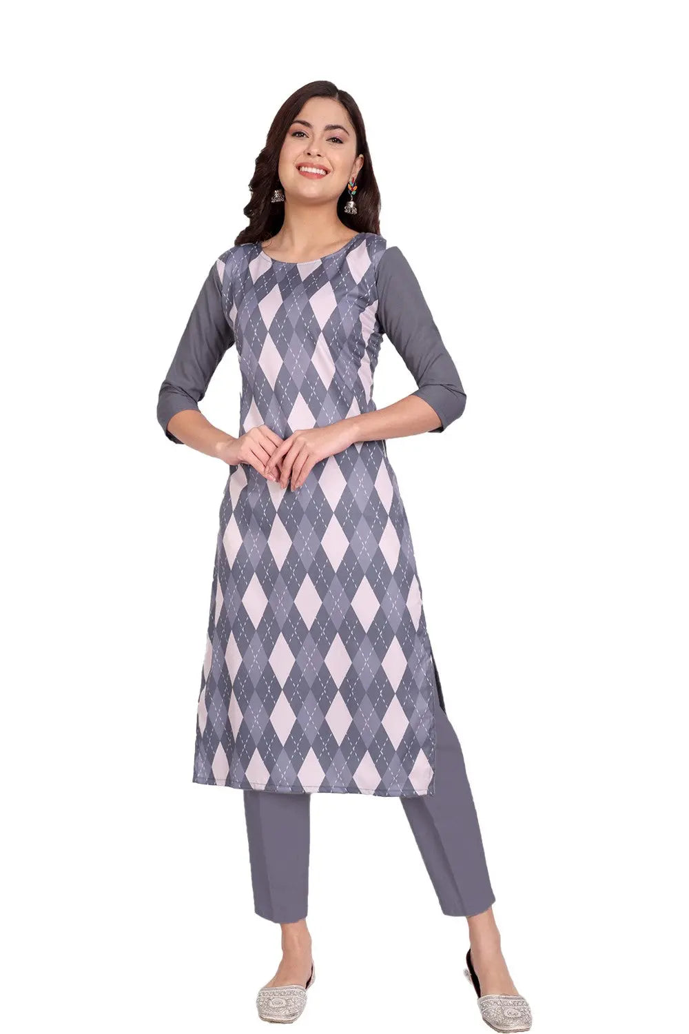 Women's Grey Colour Printed Crepe Straight Kurti Desi Soul