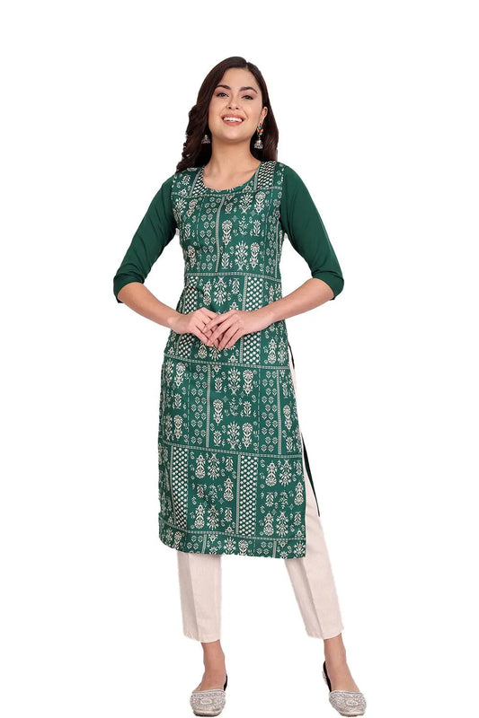 Women's Green Colour Printed Crepe Straight Kurti Desi Soul