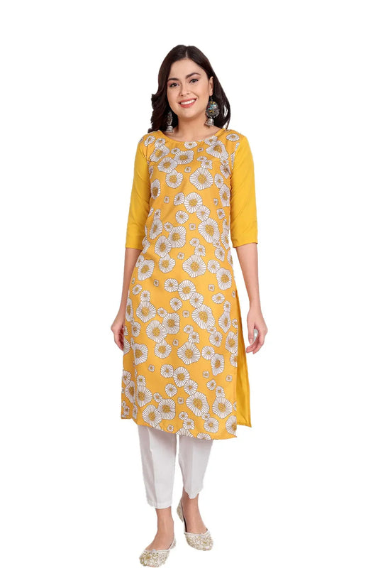 Women's Yellow Colour Printed Crepe Straight Kurti Desi Soul