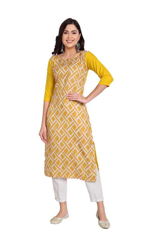 Women's Yellow Colour Printed Crepe Straight Kurti Desi Soul