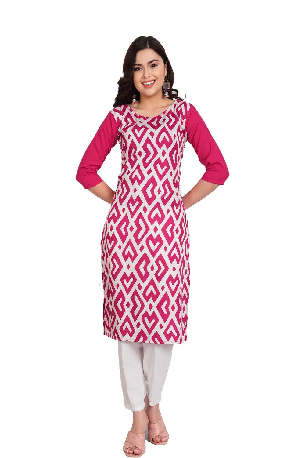 Women's Pink Colour Printed Crepe Straight Kurti Desi Soul