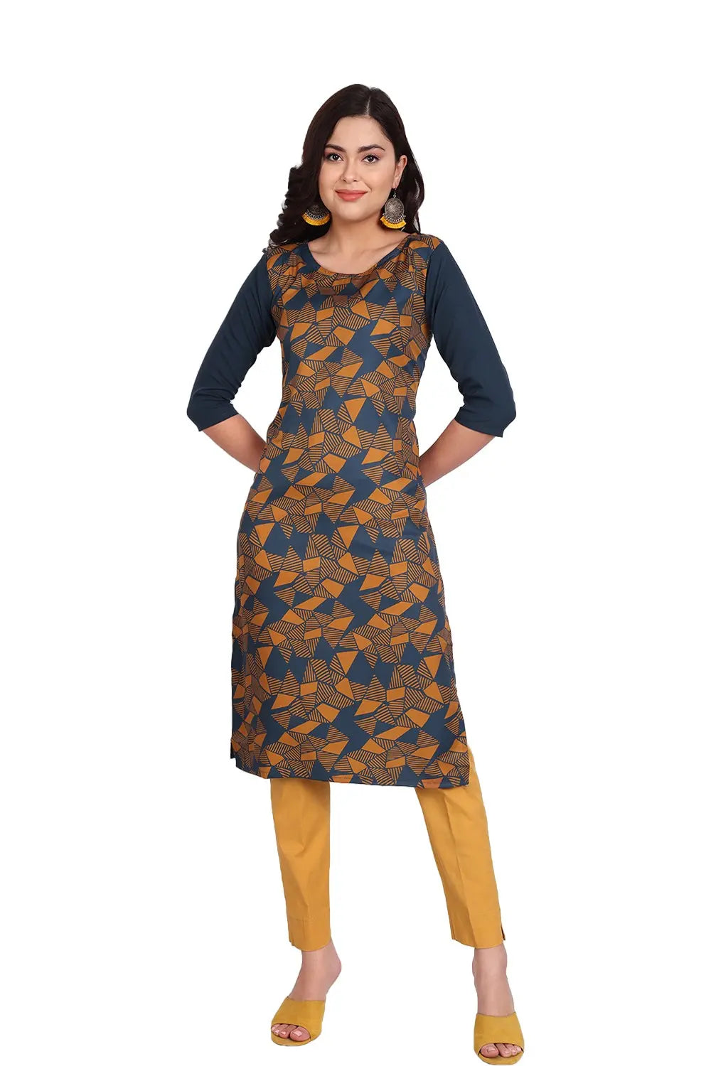 Women's Mustard Colour Printed Crepe Straight Kurti Desi Soul