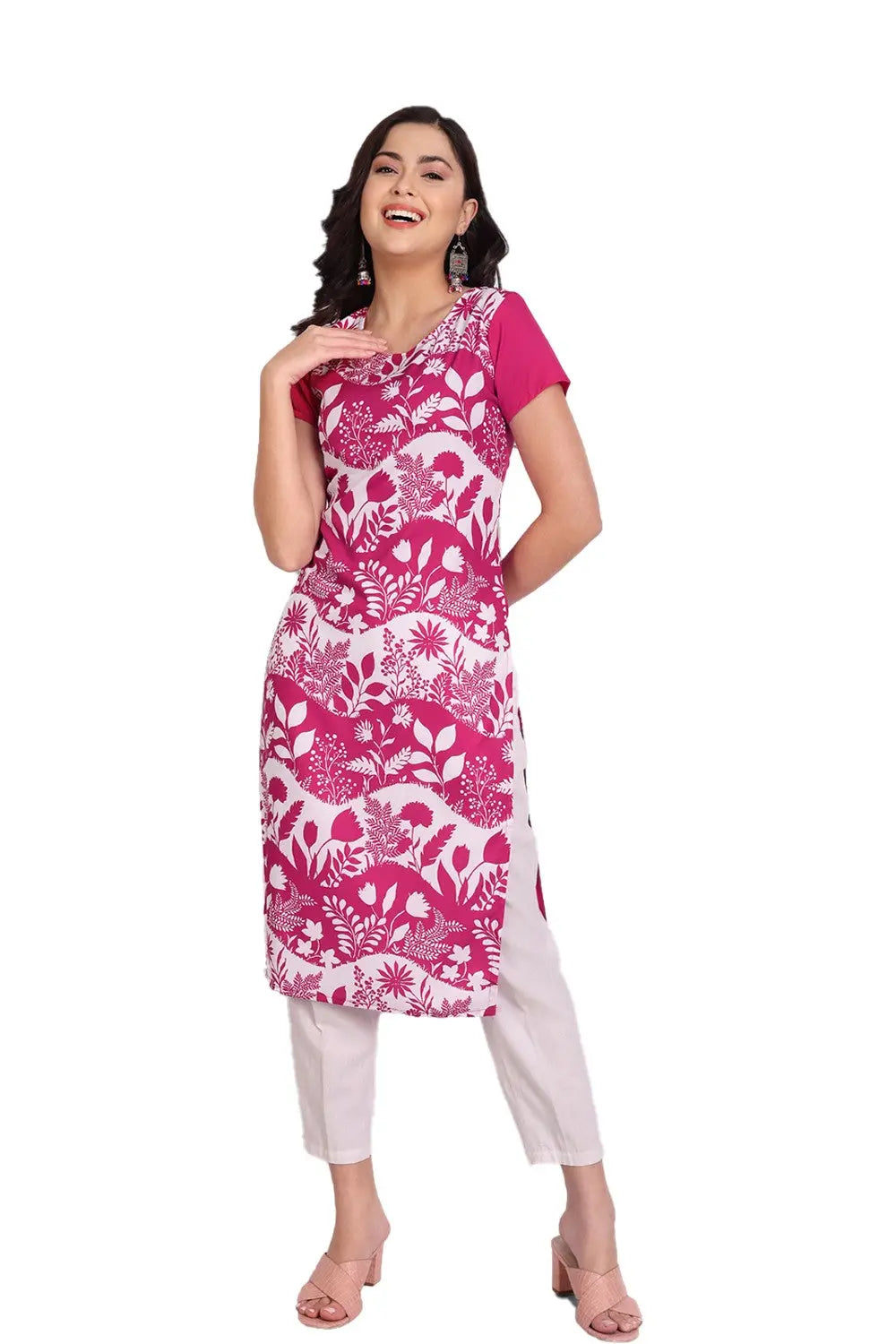 Women's Pink Colour Printed Crepe Straight Kurti Desi Soul