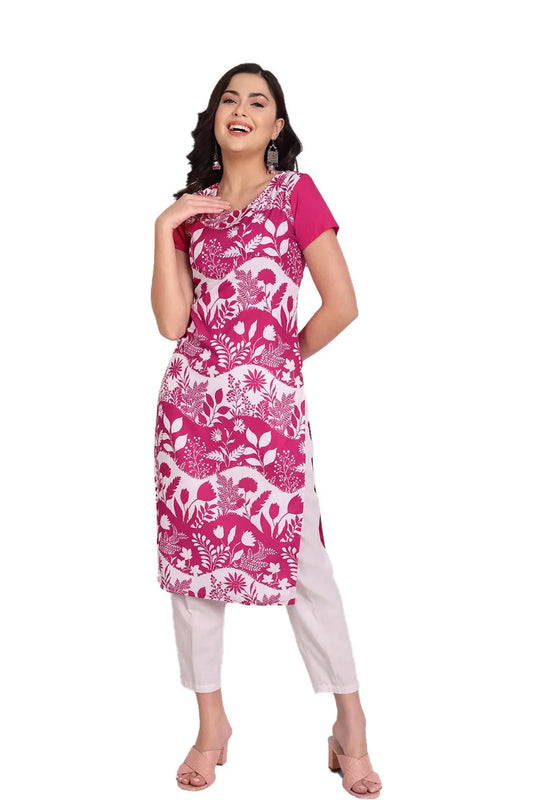 Women's Pink Colour Printed Crepe Straight Kurti Desi Soul