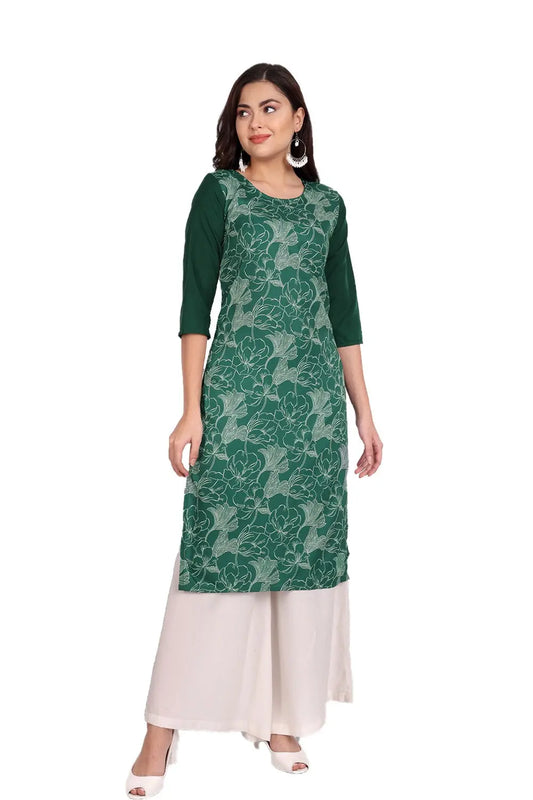 Women's Green Colour Printed Crepe Straight Kurti Desi Soul