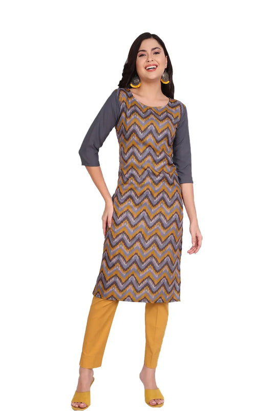 Women's Mustard Colour Printed Crepe Straight Kurti Desi Soul