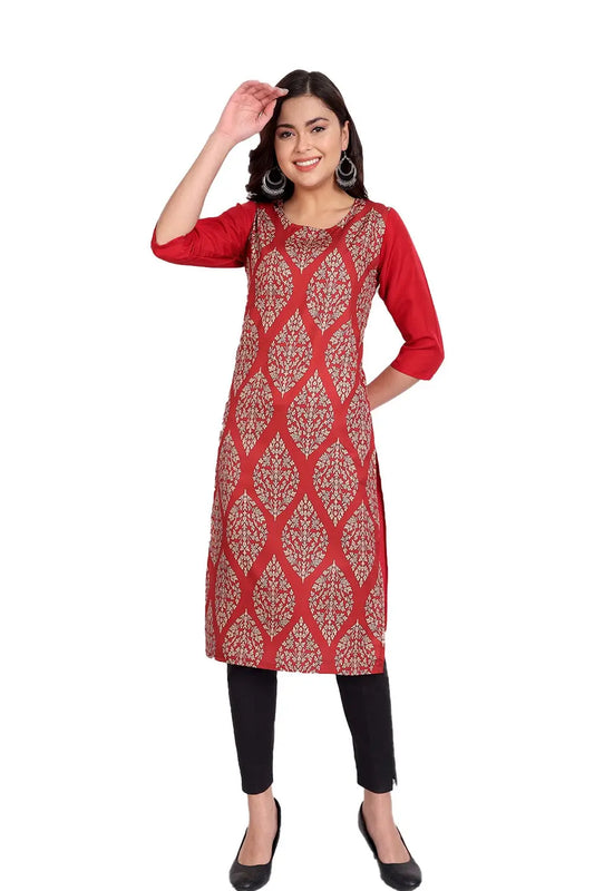 Women's Red Colour Printed Crepe Straight Kurti Desi Soul