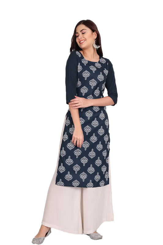 Women's Blue Colour Printed Crepe Straight Kurti Desi Soul